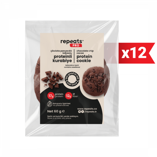 Yüksek Proteinli Çikolata Parçacıklı Kakaolu Kurabiye 60gr X 12 Adet