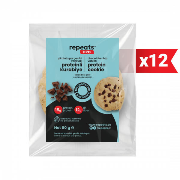 Yüksek Proteinli Çikolata Parçacıklı Vanilyalı Kurabiye 60gr X 12 Adet